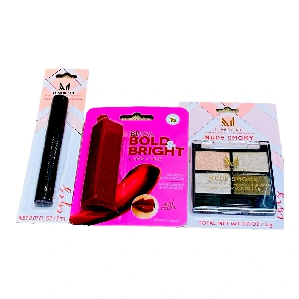 Makeup Bundle—eye shadow, mascara, and red lipstick